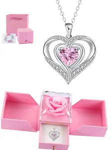 Nested Hearts Birthstone Pendant Necklace with Eternal Flower - Comes with exquisite rose gift box Romantic Gift Set Jewelry Gift for Valentine's Day & Birthday,A gift for my wife, mother, and girlfriend