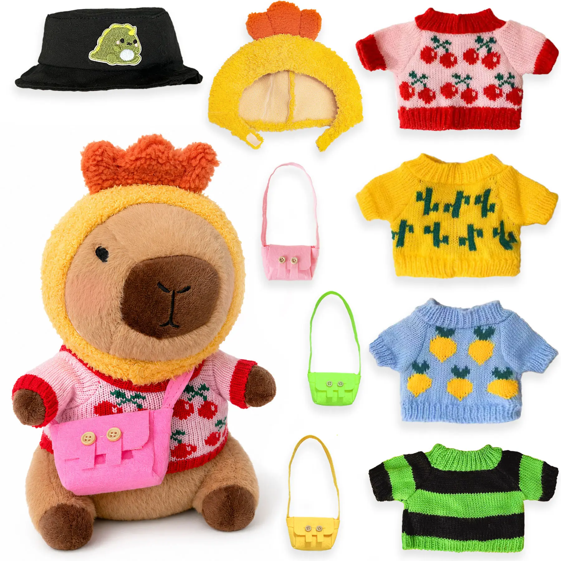 Lu-007 Capybara Plush, 10.2 in Cuddly Stuffed Animal with 9 Pcs Clothes & Accessories, Soft Plush Dress-Up Toy, Little Gift for Girls