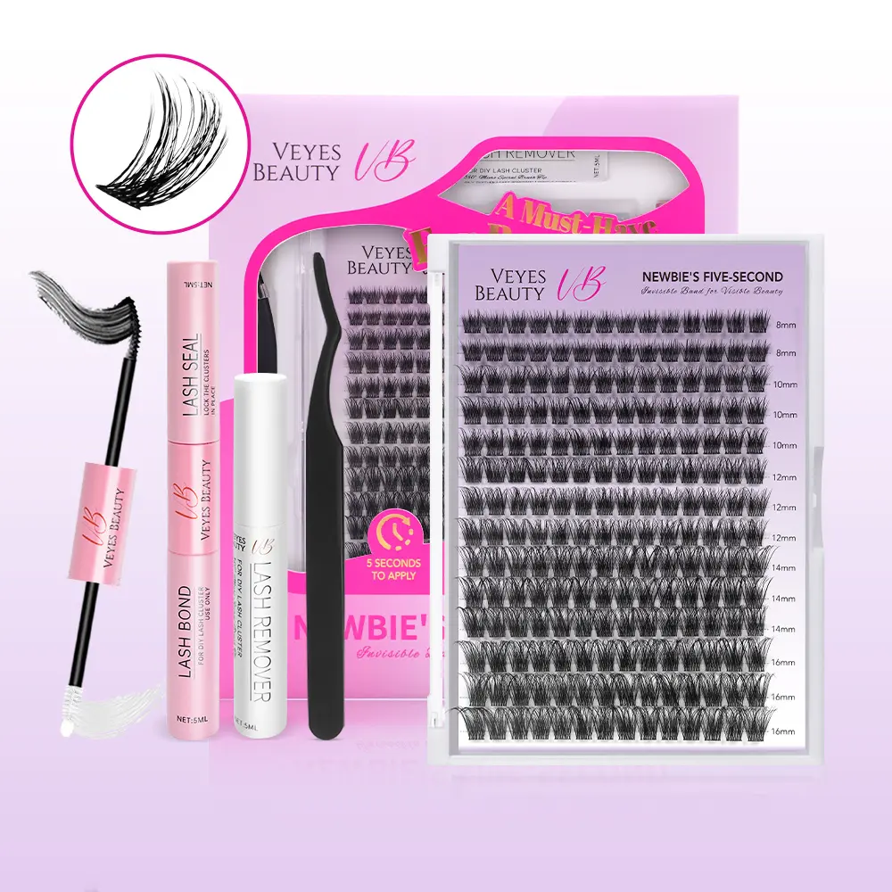 VEYESBEAUTY Dreamy Cluster Lashes Kit with Bond & Seal, Tweezer | Everyday Commute Clean Girl Style | Subtle Natural Wispy Individual Lashes | Beginner Friendly Mixed Length Tray
