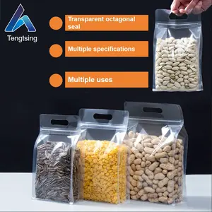 50pcs Transparent Eight-Sided Sealed Packaging Bags with Handle, Food Grade Self-Sealing Bags for Snacks Nuts Tea, Bulk Pack
