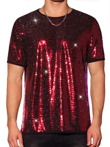 INSPIRE CHIC Sequin Shirts for Men's Short Sleeves Crew Neck Nightclub Party T-Shirts