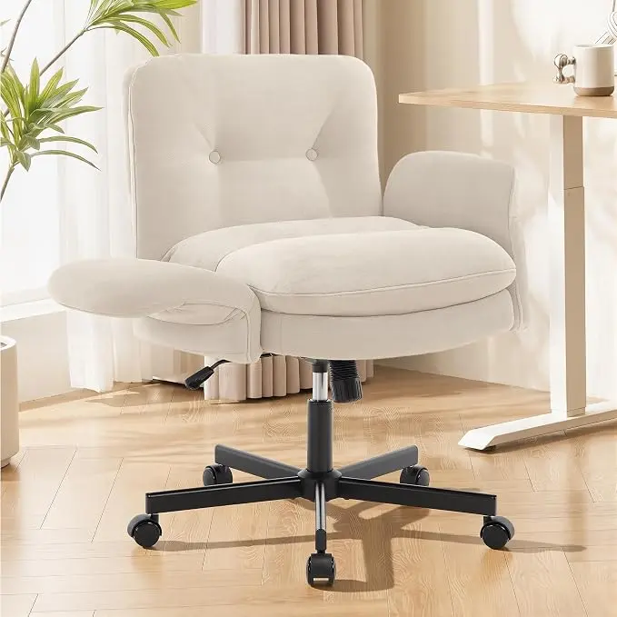 [tiktokshopbacktoschool] Vabches Criss Cross Chair with Adjustable Flip-up Arms,Thicken Wide Seat Home Office Chair,Lounge Makeup Vanity Chairs with Side Pockets,Comfy Cross Legged Desk Chair