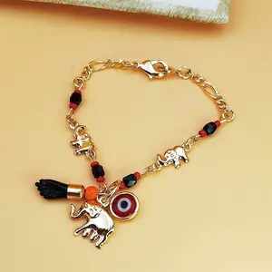 1pc Fashion Animal Charm Bracelet, Alloy Chain with Elephant and Evil Eye Pendants, Multi-Color Beaded Jewelry, Gift for Women