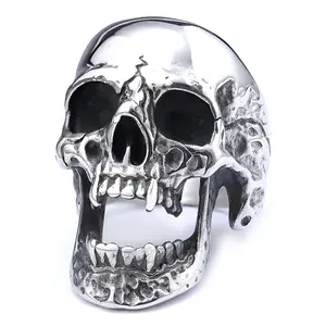 Hip hop retro punk style long tooth zombie skull ring Gothic style titanium steel men's ring gift ring