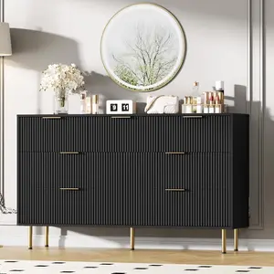 Black 7 Drawers Dresser for Bedroom - Fluted Chest of Drawers with Gold Handle - Wood Modern Dresser for Closet - Bedroom Furniture Storage Organizer for Living Room/Hallway - Black