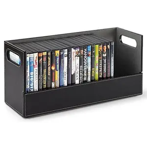 Stock Your Home DVD Storage Box, Movie Shelf Organizer for Blu-Ray, Video Game Cases, CDs, VHS Tape Display Stand, Disc Holder Can Store Up to 28 DVDs, Faux Leather (Brown)