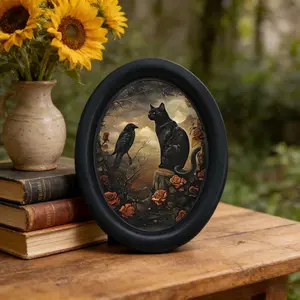 Vintage Cat Crow Oval Wall Art, Gothic Style Decorative Painting, Halloween Bedroom Study Decoration, Festive Home Decor, Vintage Prints