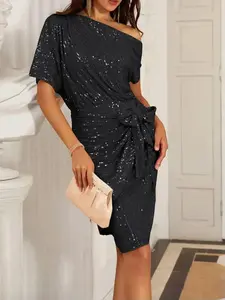 LikeMyChoice Elegant Sequined Asymmetrical Off-the-shoulder Mini Dress Pleated Womenswear wedding guest dresses Short Cocktail