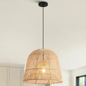 15" Wendell Boho Handwoven Rattan Pendant Light, Adjustable Farmhouse Ceiling Hanging Lamp for Kitchen Island Dining Living Room