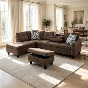 Brown Breathable Fabric 3-Piece Living Room Sofa Set features skin-friendly breathable fabric resistant to pilling and fading. High-density cushions and a sturdy frame deliver cozy seating for family leisure and social gatherings.