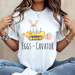 Easter Bunny Excavator Eggs Cavatar Print Tshirt White Crewneck Casual Spring Festival Outfit