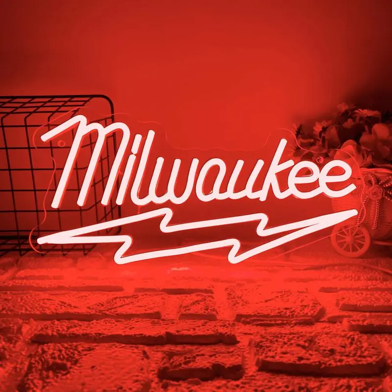 Milwaukee Tools LED Neon Sign, LED Neon Lights, Wall Decor Art Atmosphere Light, USB Powered Adjustable Brightness, Garage Workshop Decoration Gift for Men