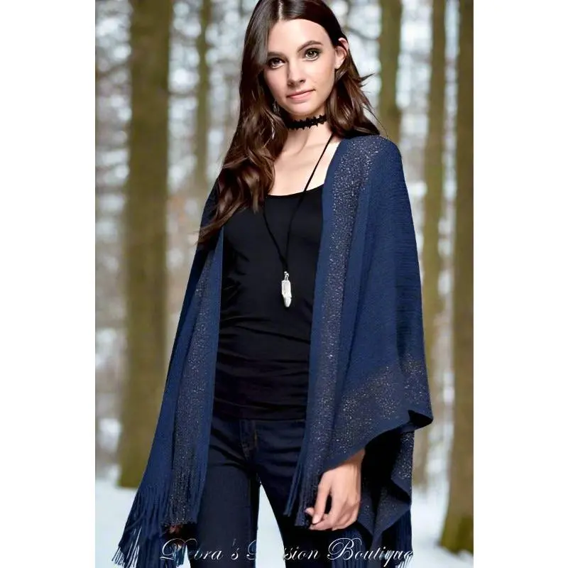 Gee Gee Knit Winter Border Fringe Poncho - Navy