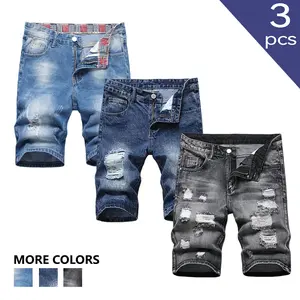 Clean Gent 3-piece men’s ripped denim shorts set, street fashion menswear, comfortable casual cotton fabric, suitable for everyday wear, stylish men’s everyday bottoms, denim shorts