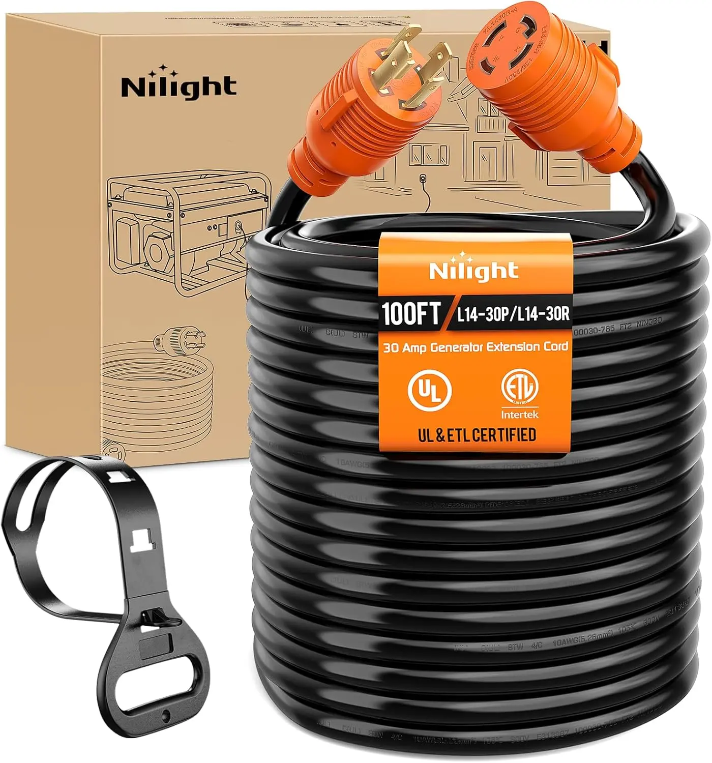 Nilight 100 ft 30A Generator Extension Cord - 125/250V 7500W Heavy-Duty 10 AWG x 4 Wires Pure Copper STW, ETL-Listed 4-Prong L14-30P/L14-30R Weather-Resistant Flexible Cable for RV, Outdoor Camping, Power Outage
