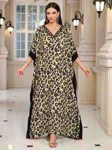 Boho Leopard Print  Kaftan Dress, Chic Bohemian V-Neck Batwing Sleeve Long Robe, Loose-Fitting Sun Protection Outerwear, Summer Beach Cover-Up, Womenswear Casual Wear, Boho Summer Outfit, Bohemian Style Dresses