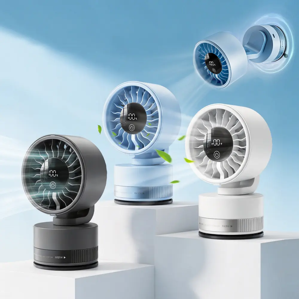 Upgraded Rechargeable Personal Fan - Cordless Battery-Powered Compact Fan with 4000mAh Battery, Digital Display, 5 Speeds, 180° Tilt, 340° Automatic Rotation, Adjustable Stand, Lightweight, Suction Cup Wall Mount for Home, Office, Kitchen Island