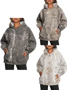 New women's clothing camouflage hooded sweatshirt with maple leaf print super large hooded sweatshirt, wool pullover sweatshirt, long sleeved sweatshirt with pockets, loose design neutral long sleeved sweatshirt Tops Everyday Womenswear