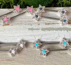 PAIR CZ Gem Flower w/ Opal Glitter Center Nipple Rings Shields Steel Barbells