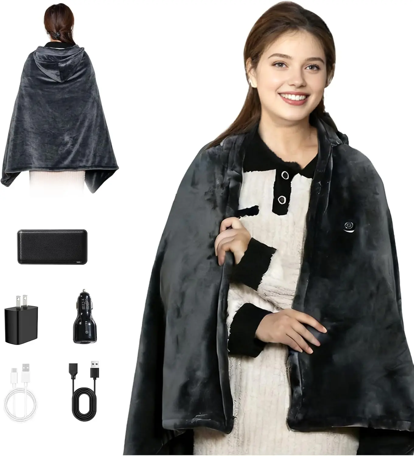 Cordless Heated Blanket with Hood, Rechargeable Wearable Heated Blanket Battery Powered with lasting Battery, Portable Heated Throw Blanket with 9 Heating Zones & 3 Levels, Camping，Warm Shadow Gray