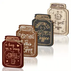 Mason Jar Shaped Wooden Wall Sign, 4 Counts/set Vintage Coffee & Letter Pattern Ornament with Twine, Farmhouse Kitchen Wall Art for Home Kitchen Office Bar
