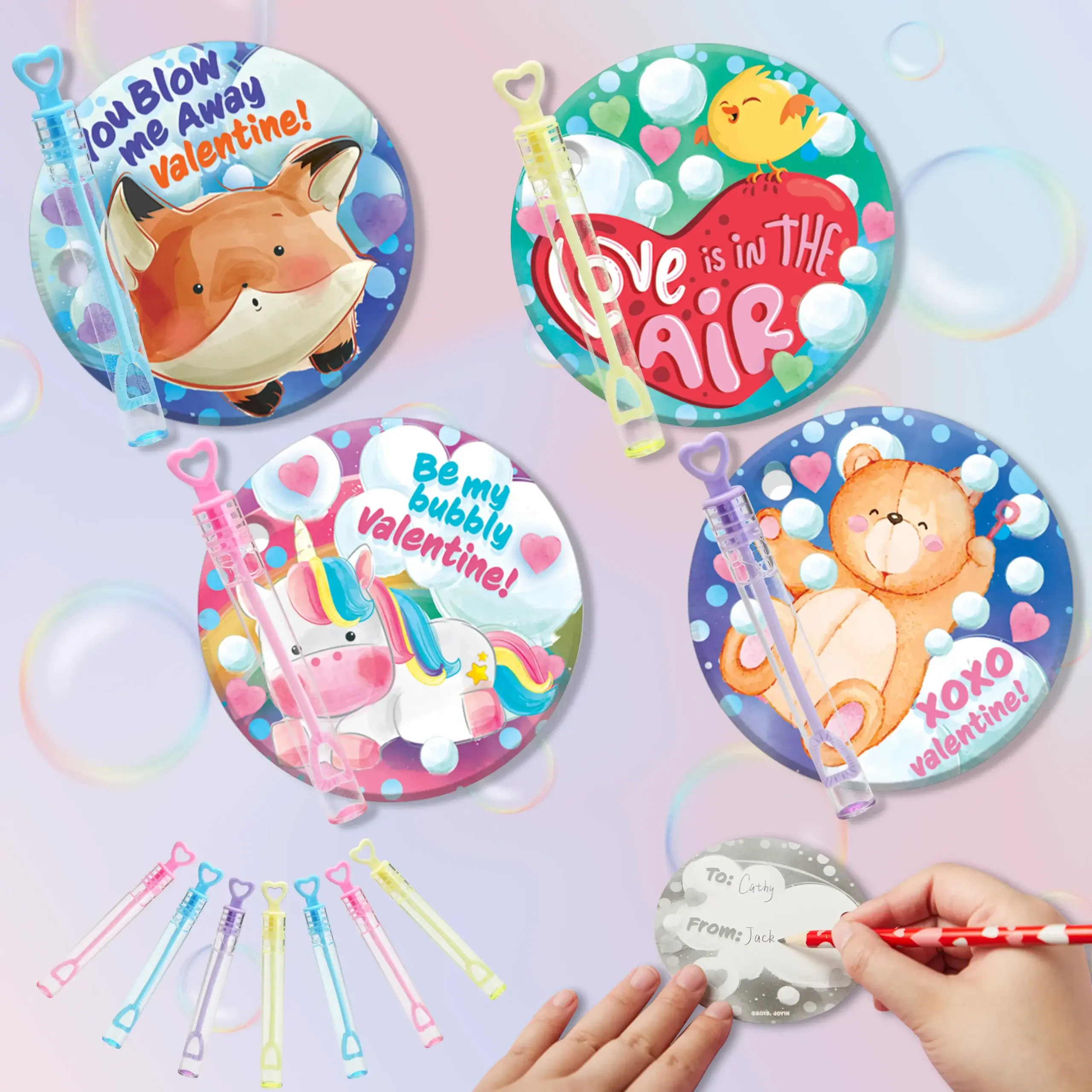 32Pcs Mini Bubble Maker Wands with Kids Valentines Cards for Classroom Exchange 2025 Valentine Exchange Cards