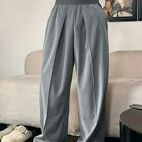 Men's Solid Color Pleated Loose Wide-Leg Dress Pants Relaxed Fit Draped Straight-Leg Trousers with Elastic Waistband & Slant Pockets for Commuting Business Travel All-Season Wear - Formal
