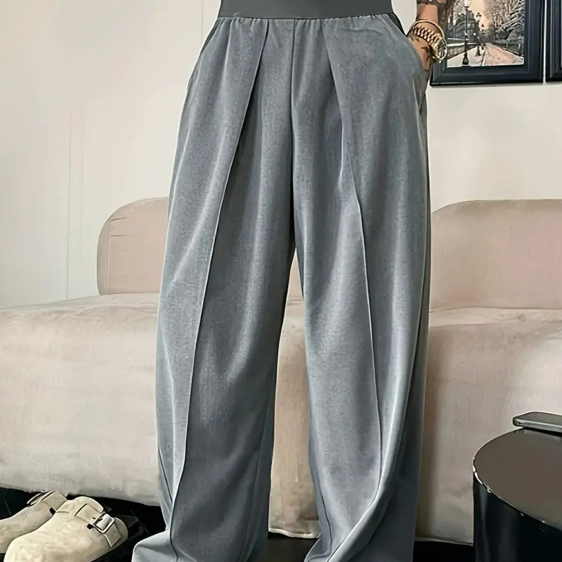 Men's Solid Color Pleated Loose Wide-Leg Dress Pants Relaxed Fit Draped Straight-Leg Trousers with Elastic Waistband & Slant Pockets for Commuting Business Travel All-Season Wear - Formal