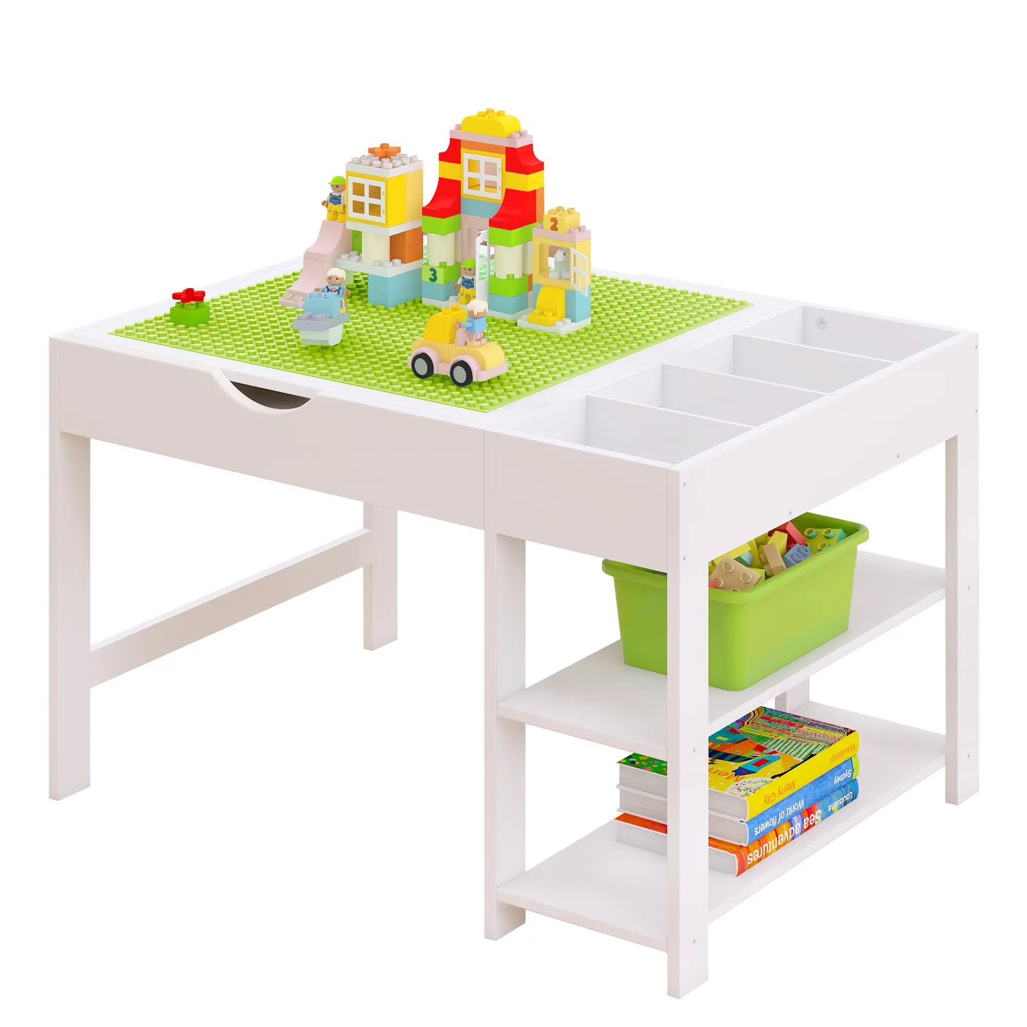 Kids 4-in-1 Functional Activity Table - Lego Large Bricks Compatible, Solid Wood Building Block Table with Reversible Top, 2-Tier Bookshelf, 4 Compartments and Storage