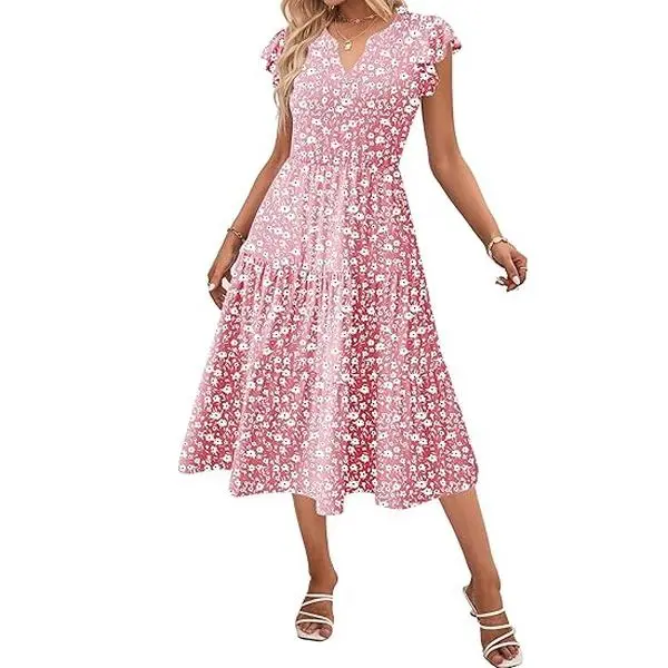 ZEAGOO Womens Summer Casual Dresses Ruffle Sleeve V Neck Midi Dress Flowy Tiered Dress with Pockets Boho Sundresses Floral Pleated