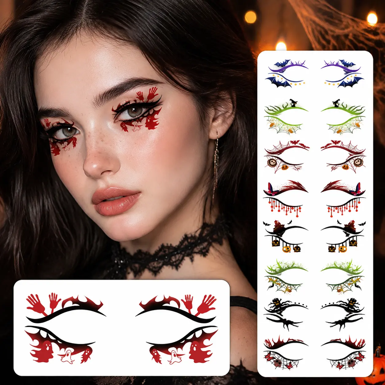 10 Styles Halloween Eye Tattoo Stickers for Women, Waterproof Long-Lasting Creative Halloween Makeup Decals, Perfect for Cosplay, Parties & Photoshoots