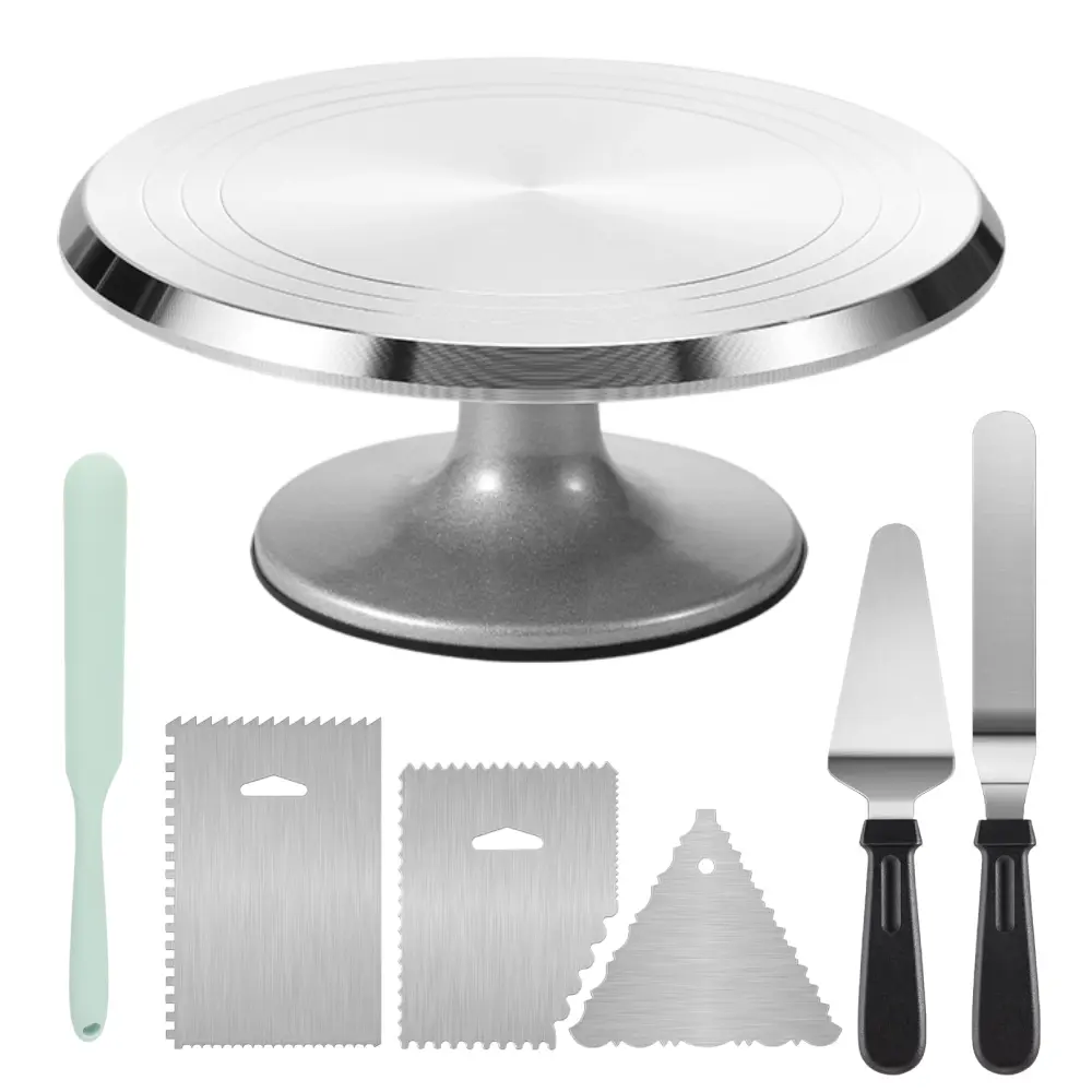 Aluminium Cake Turntable Set, Baking Tools with Revolving 12" Cake Stand for Decorating, 12.7" Offset Spatula, 3 Stainless Steel Frosting Icing Smoother, Cake Serve Cake Decorating Kit Supplies