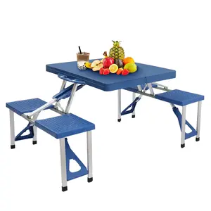 Folding Table and Chair , One-Piece Portable Picnic Table with Stool, No Assembly Needed, PS Thickened Plastic Outdoor Camping Set for Beach, Travel, BBQ, Blue