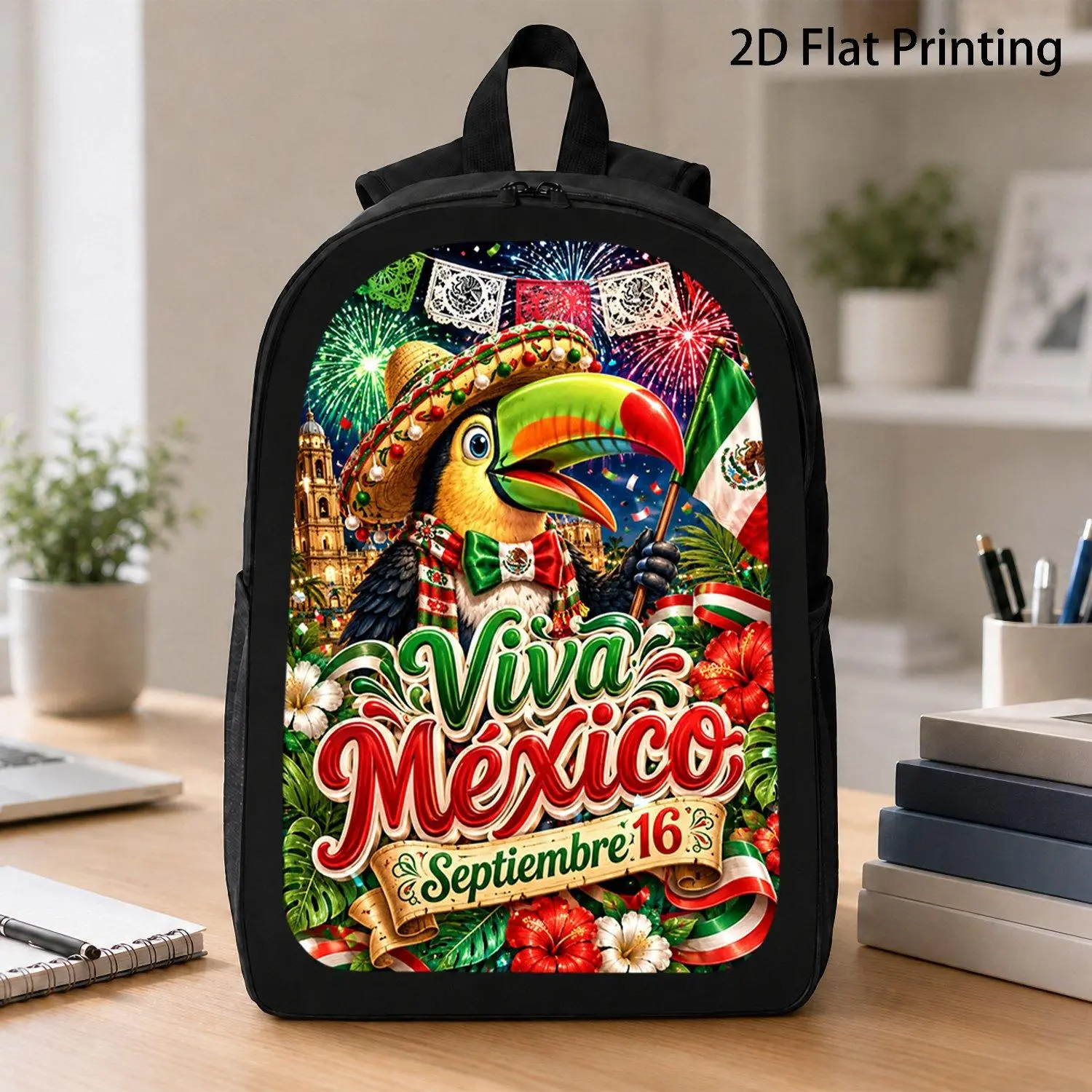 17 Inch Backpacks 1pc Mexican Flag Fiesta Graphic Toucan Sombrero Viva Mexico September 16 Independence Day Holiday Print Trendy Travel School Bag For Youth Adults