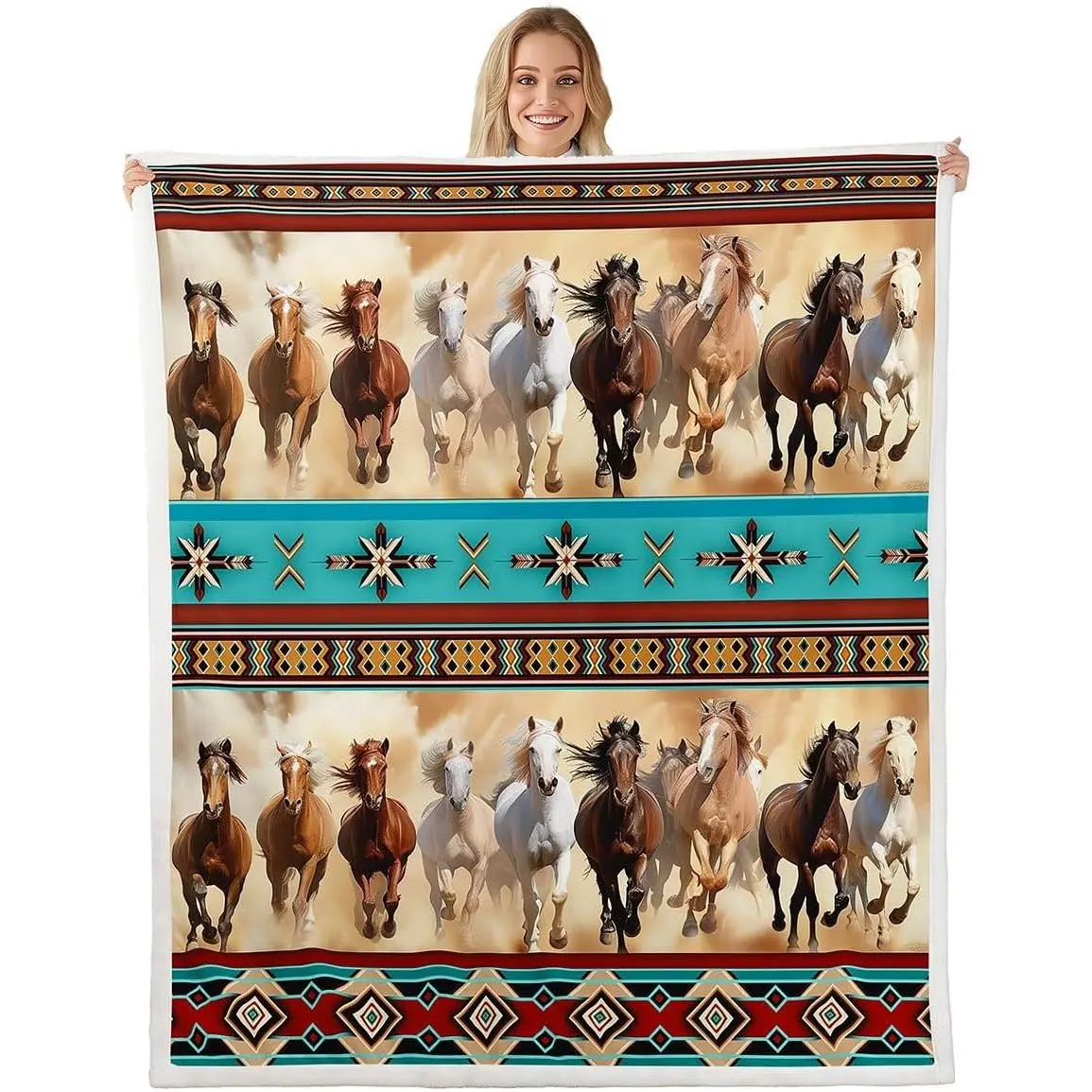 Aztec Horse Blanket Throw,Western Horses Fleece Blanket Bedroom Decor,Bohemian Southwest Blankets and Throws,Rustic Farmhouse Animal Sherpa Fuzzy Throw Bed Couch