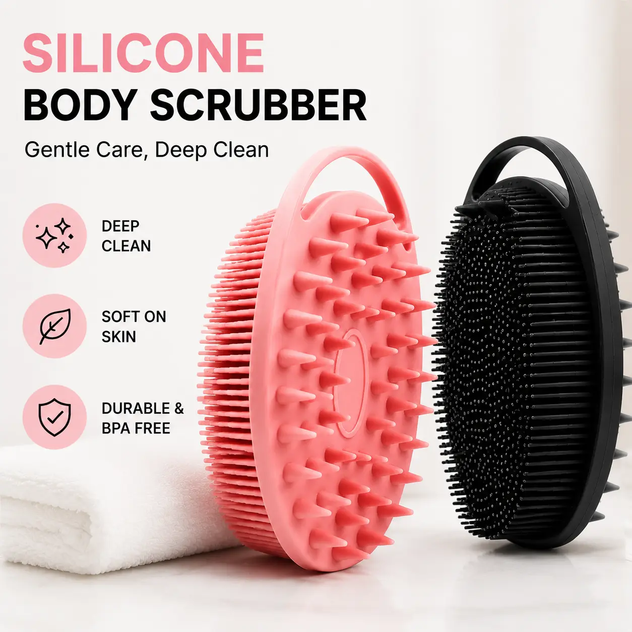 2-in-1 Soft Silicone Bath Brush, Non-slip, Sensitive Safe for Normal & Sensitive Skin, Exfoliating & Massage Body Scrubber for Deep Cleansing Back & Ft, Lightweight Bathing Accessories