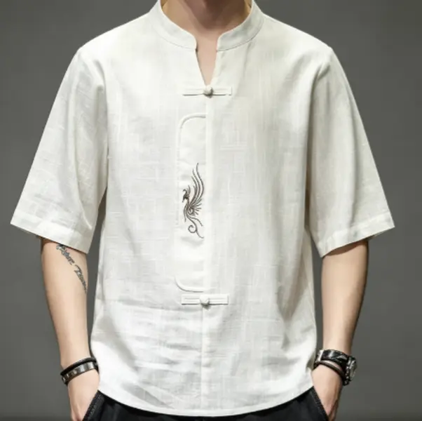 Men's Traditional Classic Chinese Textured Natural Linen Casual Top with Phoenix Embroidery, Mandarin Collar, Frog Knots, Pocket, Sleeves, Elegant Minimalist Menswear for Matching Special Occasions