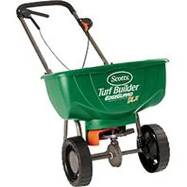 Scotts Turf Builder Edgeguard Deluxe Broadcast Fertilizer Spreader - Cushioned Handle, Holds 15,000 sq. ft. Capacity, Hopper & Agitator Design, Improved Flow for Gardening