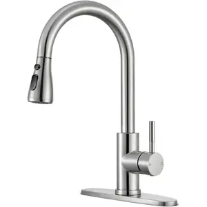 Kitchen Faucets with Pull Down Sprayer, Brushed Nickel High Arc Single Handle Stainless Steel Sink Faucet for 1 or 3 Hole, Ideal for Farmhouse RV Laundry Bar Camper & Commercial