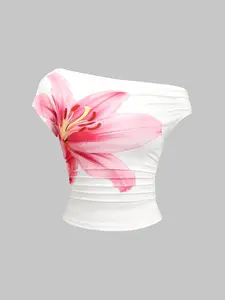 Women's Asymmetrical Shoulder Top, Lily Print, Floral, Flower, Beach, Sunrise Sunset Style, Fashionable Casual Wear, All Seasons, Fit, Womenswear