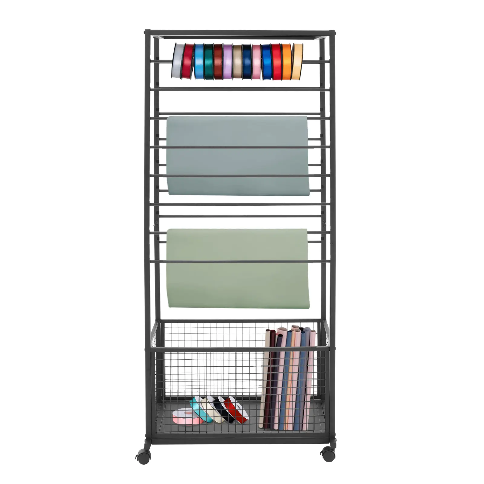 CNCEST 16-Tier Artistic Rectangle Black Metal Freestanding Organizer, Adjustable Racks with Basket & Shelf, Lockable Universal Wheels Movable Stand with User-Friendly Design & Assembly Guide for Scarf Shop Display