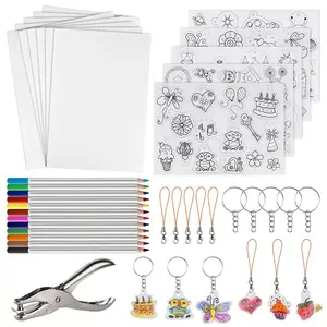 Shrinky Dink Sheets Kits for |   Pre-Cut Shrink Paper Craft Keychain Making Kit, Themes Shrink Art Plastic Sheets with Charms and Keychains Accessories, Zinc Alloy Material by LINNO