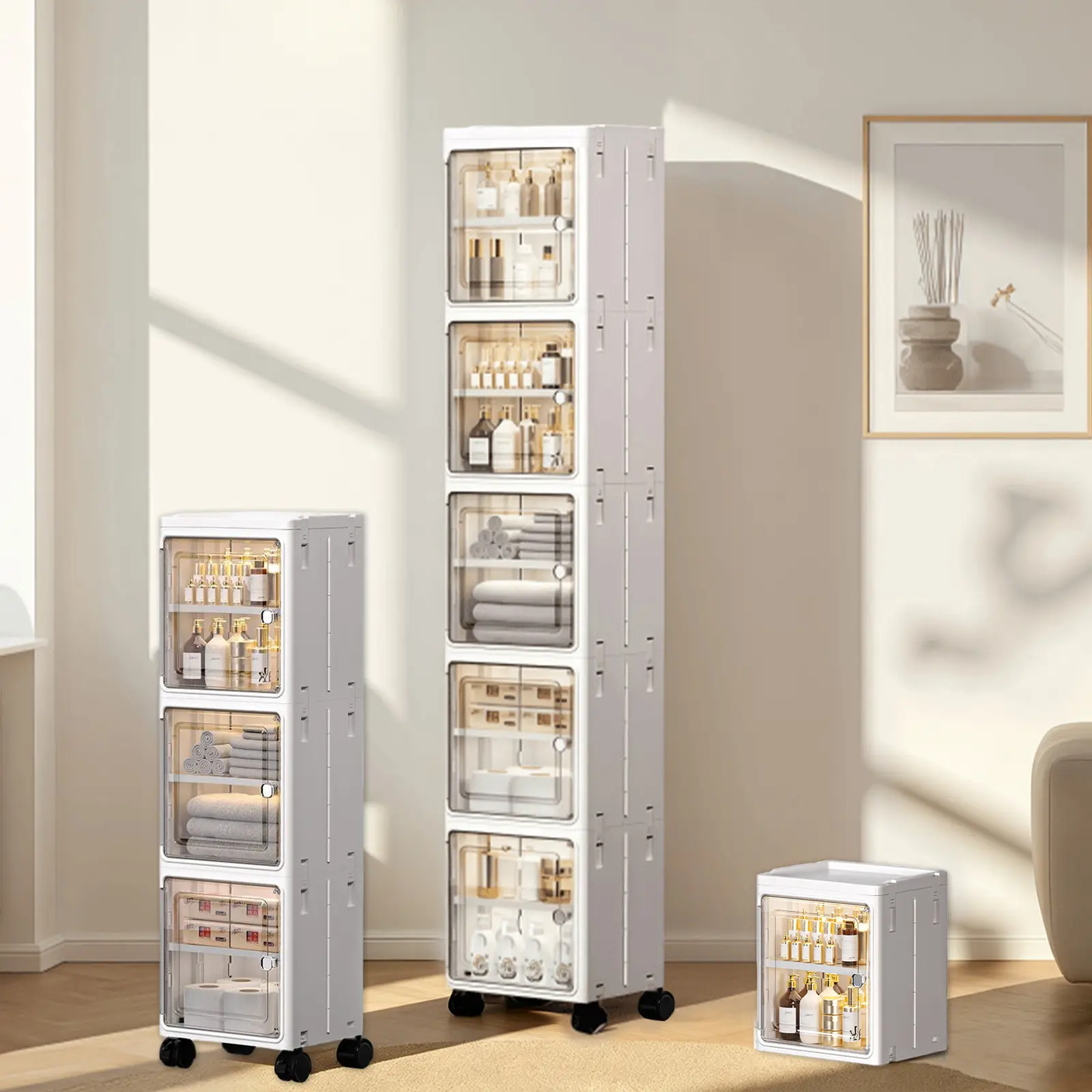 3-Tier Slim Plastic Storage Cabinet with Clear Doors, Adjustable Shelves, Foldable Narrow Organizer for Bathroom, Kitchen Small Spaces