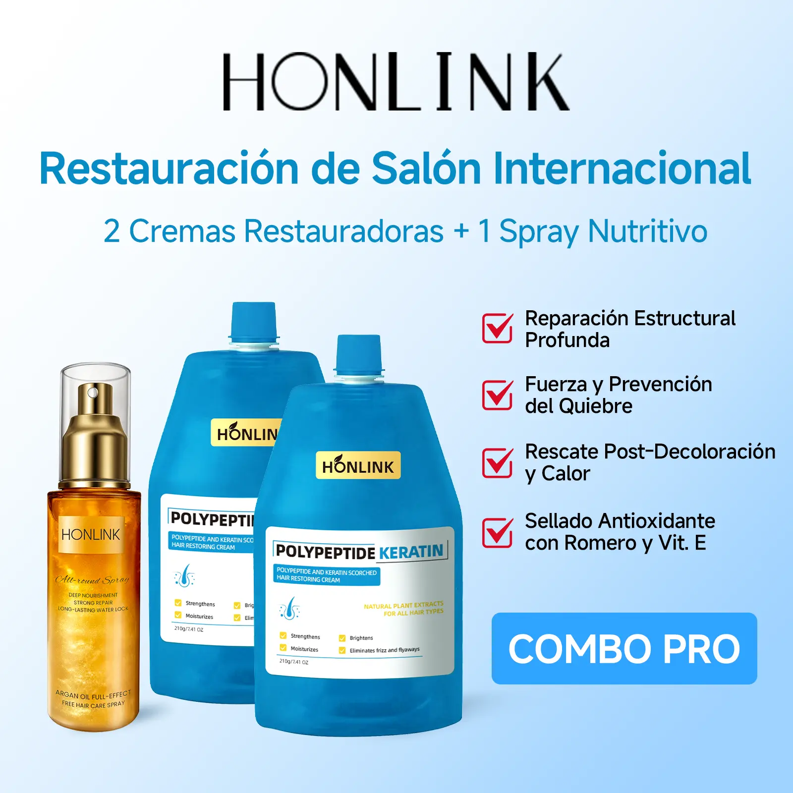 HONLINK Salon-Quality Keratin Set: 2 Restoring Creams & 1 Golden Leave-In Spray - Deep Repair, Heat Protectant & Lasting Shine (2x210g + 90ml)