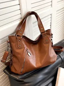 Simple Retro Classic Shoulder Tote Bag, Metal Rivet Decoration, Side Zipper, Practical and Versatile, Available in Multiple Colors, Suitable for Daily Commuting, Shopping, Crossbody Purses, Elegant Shoulder Bag