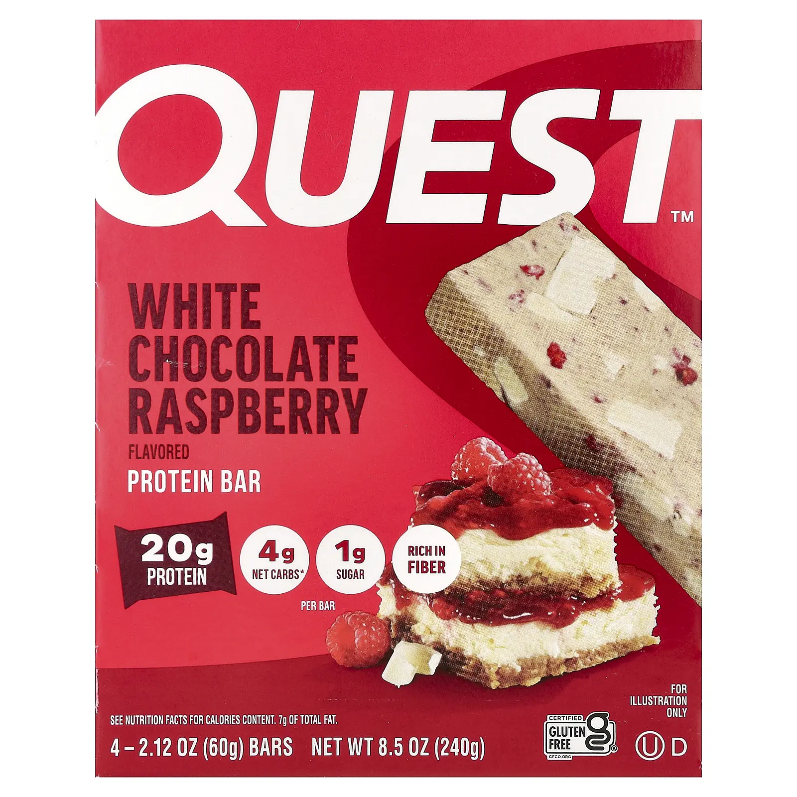 Quest Nutrition Protein Bar, White Chocolate Raspberry, 4 Bars, 2.12 oz (60 g) Each