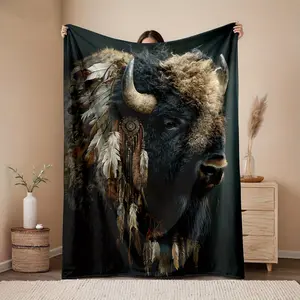 1 Piece 280g Soft and Comfortable Bison Pattern Feather Print Flannel Blanket, Indian Style Decorative Set, Bedroom Home Supplies, Holiday Gift, Suitable for Sofa, Bed, Car, Office, and Camping