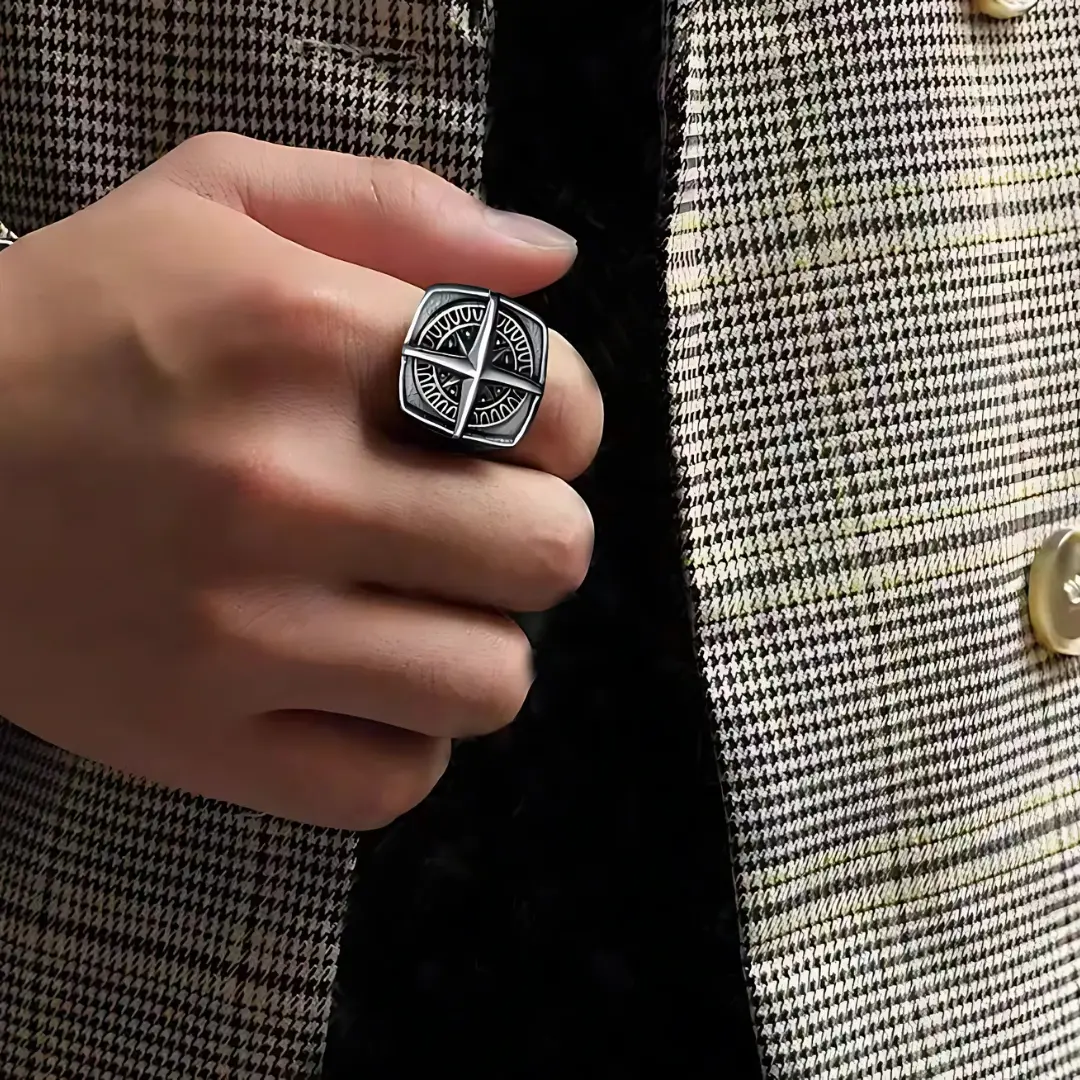 1pc Men's Vintage Hip-Hop Anchor and Compass Stainless Steel Ring – Nautical style, great personal accessory & gift, father's day gift