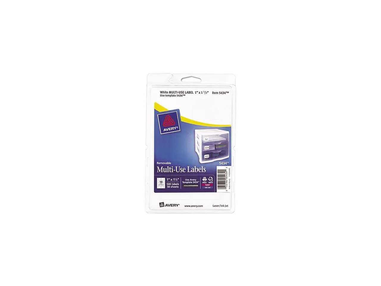 Avery 05434 Print or Write Removable Multi-Use Labels, 1 x 1-1/2, White, 500/Pack