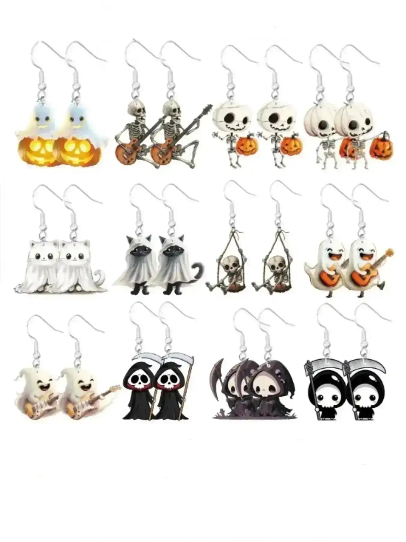 24 Pcs Halloween Earrings Set, Cute Ghost Mummy Pumpkin Cat Skull Death Cartoon Style, Party Favor Gift Sharing Pack, Witchy Jewelry Sparkling Comfort Zircon For Stylish Engagement Anniversary Fit Daily Fashion Shiny
